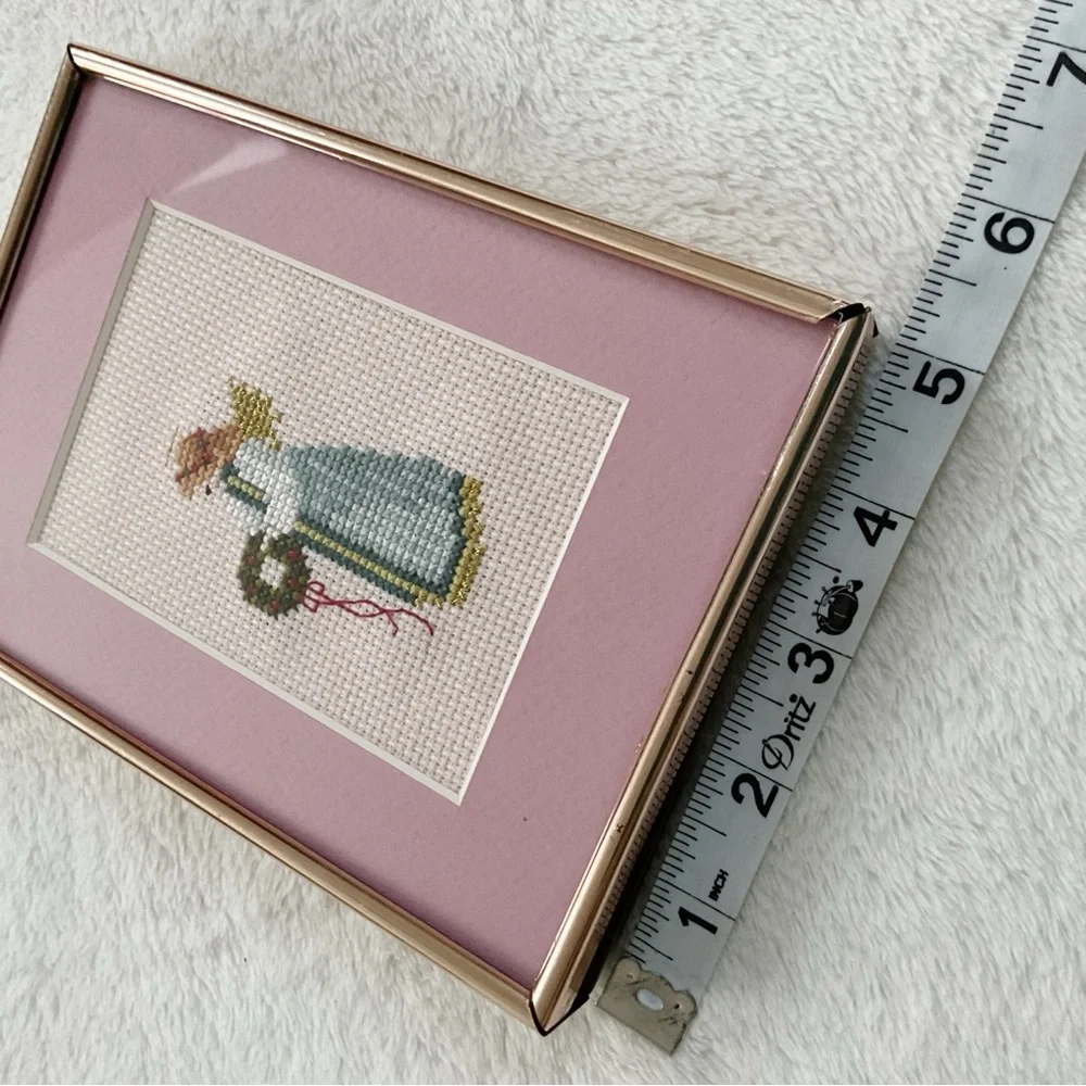 1987 Told in a Garden Christmas Angel Cross Stitch, Framed 5x7 Art Vintage